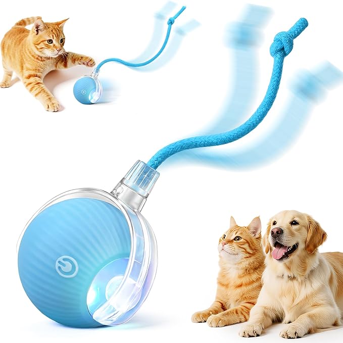 Smart Interactive Automatic Electric Rolling Moving Rechargeable Motion Activated Self Solo Play Electronic Stimulation Chase Teaser Ball Toy with Rope for Indoor Bored Adult Cat and Dog, Red