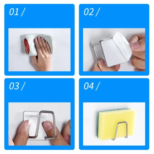S13531762fec04a62b6445584a336e391a.webp Kitchen Stainless Steel Sink Sponges Holder Self Adhesive Drain Drying Rack Kitchen Wall Hooks Accessories Storage Organizer