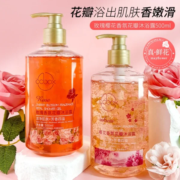 S28de6dc824734c99a2f5779a66205932r.webp 500ml Petal Cherry Blossom Rose Fragrance Petal Body Wash Fragrance Lasting Fragrance Moisturizing Body Family Pack