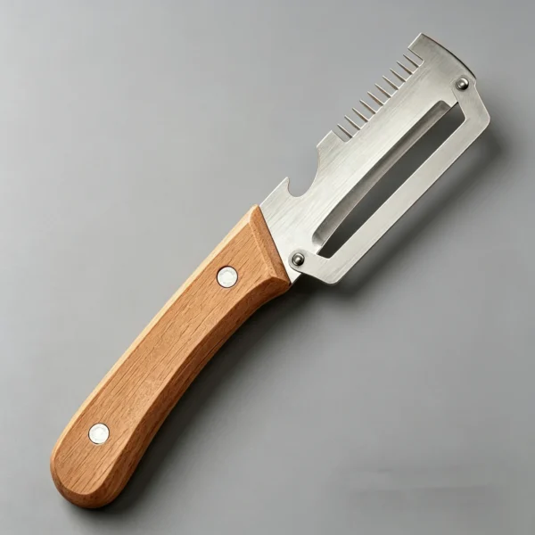 S4ab8b5768ab24bcea4a015cf0ac66c8bg.webp Stainless steel peeler with wooden handle for peeling and slicing fruits and vegetables | Durable and smooth operation