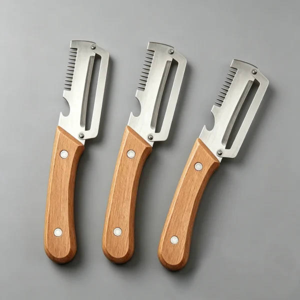 S513ddaea612045edb2584e035a73b038H.webp Stainless steel peeler with wooden handle for peeling and slicing fruits and vegetables | Durable and smooth operation