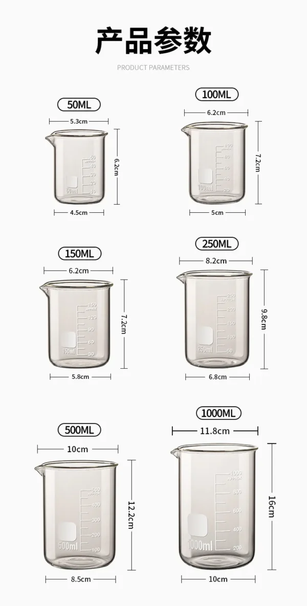 S553b7fd9031049ef8f78392dd2d3868ek.webp Glass Measuring Cup High Borosilicate Clear Scale Cup Heat-resisting Laboratory Beaker Kitchen Baking 50/100/150/250/500/1000ml