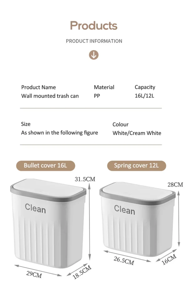 12/16L Press Type Wall Mounted Trash Can For Bathroom Toilet Garbage Bucket With Lid Kitchen Recycling Bin Hanging Wastebasket