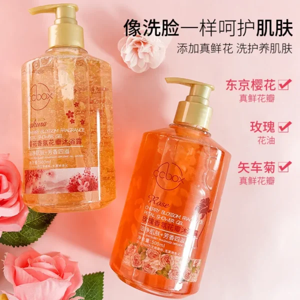 S8ed60fd6af4e47bbae1233513ffc8816Q.webp 500ml Petal Cherry Blossom Rose Fragrance Petal Body Wash Fragrance Lasting Fragrance Moisturizing Body Family Pack