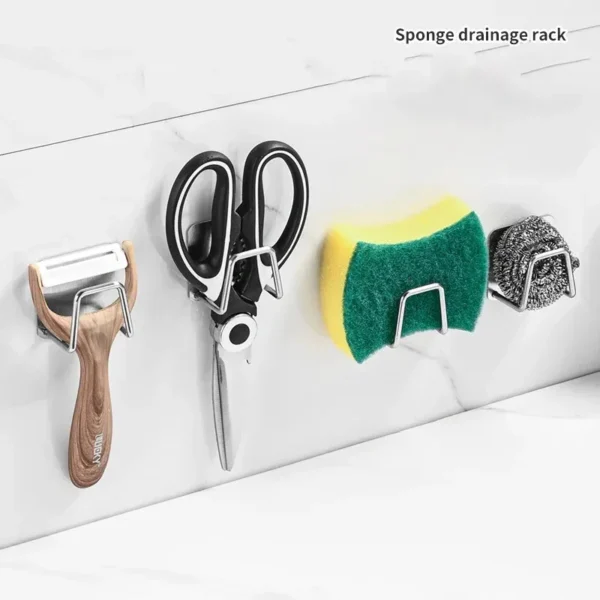 S91ecf20c972046e9a1c1eac23e52c2dcC.webp Kitchen Stainless Steel Sink Sponges Holder Self Adhesive Drain Drying Rack Kitchen Wall Hooks Accessories Storage Organizer