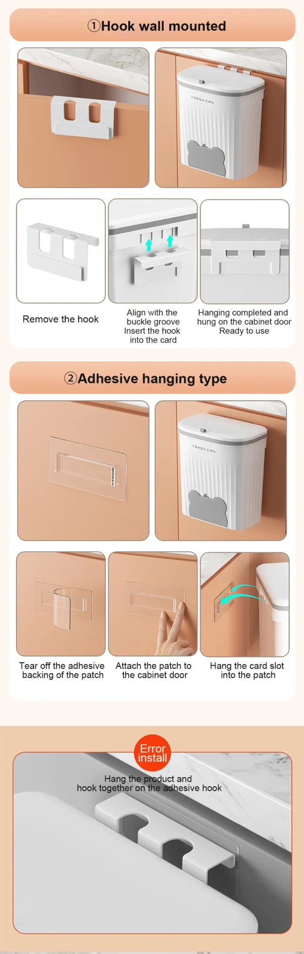 8.5/12L Kitchen Wastebasket Wall Mounted Trash Can With Lid Bathroom Trash Bin Garbage Can for Cabinet Under Sink Recycling Bin