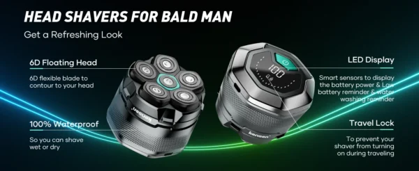 KENSEN Electric Head Shavers for Bald Men 6D Magnetic Razor Beard Trimmer USB Rechargeable LED Display Waterproof Beard Shavers
