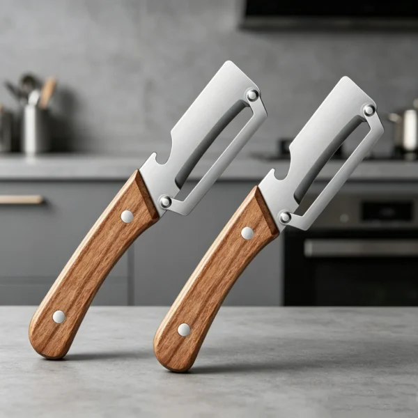 Se9a942aa7cc544b7a29d1beead8560250.webp Stainless steel peeler with wooden handle for peeling and slicing fruits and vegetables | Durable and smooth operation