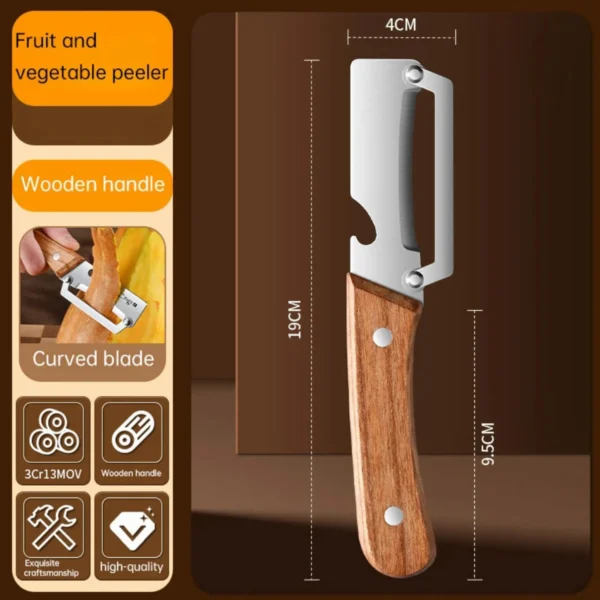 Sf9963cec1bc548668009383610198b86Y.webp Stainless steel peeler with wooden handle for peeling and slicing fruits and vegetables | Durable and smooth operation