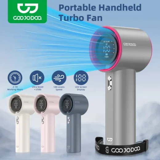 GOOJODOQ Portable Super High Speed Power Turbo Fan | Adjustment With LED Display Max Wind Speed 9m/s | Handheld Mini Mobile Fan Kipas Kecil Cooling