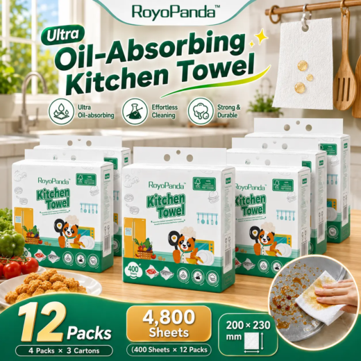 [12 Packs] RoyoPanda Kitchen Hanging Towel 400 Sheets/Pack Thick & Strong Oil Absorbent Tissue for Cooking & Cleaning with Free Hooks Free Shipping